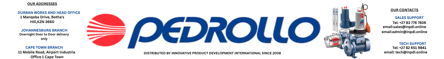 Pedrollo Pumps Brand South Africa banner with Durban, Johannesburg and Cape Town branch details.